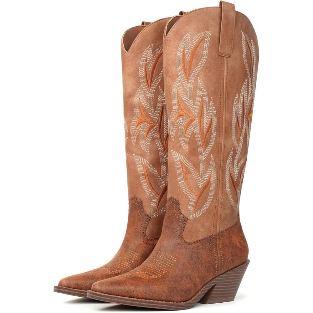 Women's Brown Knee High Snip Toe Faux Leather Classic Embroidered Western Boots